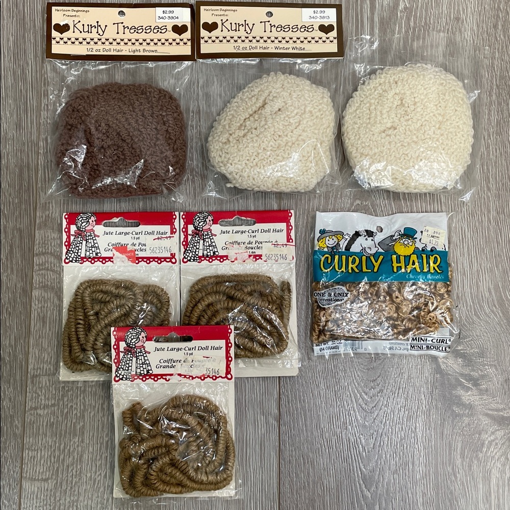 Vintage Bundle Lot of 7 Bags Curly Doll Hair Kurly Tresses Fibre Craft
